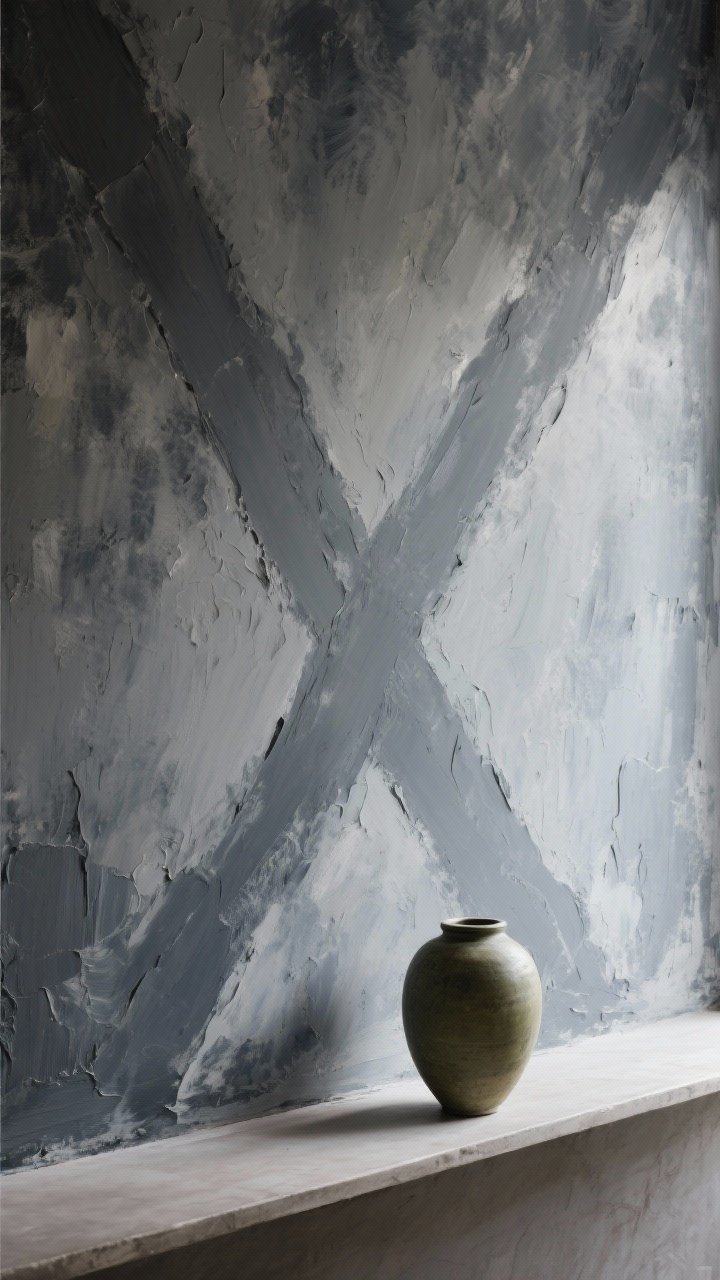 Detail closeup: A moody, textured wall with a faux limewash finish in slate gray created by layered, watered-down matte paint applied in overlapping X strokes; subtle cloudy variations and depth, brushwork clearly visible; soft, diffused natural light skimming the surface to highlight texture; a minimal ledge at the bottom holding a simple olive ceramic vase for tone reference; tight framing and shallow angle to celebrate the painterly effect, photorealistic.