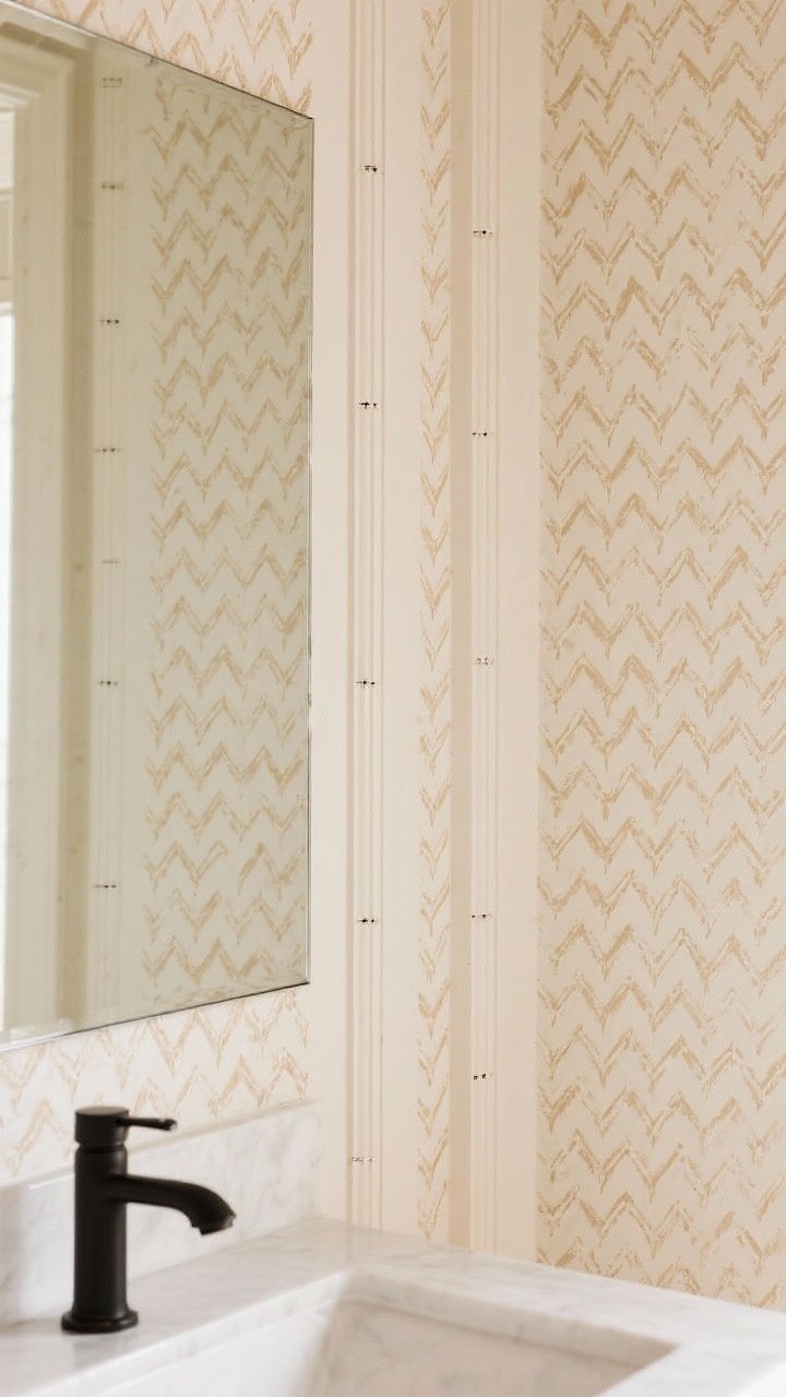 Medium/detail shot: A chic tone-on-tone stencil wall in a powder room—micro-pattern herringbone in two shades of warm cream (pattern just 1–2 shades darker than the base), dry-brushed for crisp edges; straight, aligned columns with faint registration marks perfectly matched; a simple frameless mirror and a matte black faucet in the foreground for scale; soft, even lighting to make the subtle texture readable; straight-on view that centers the refined, wallpaper-adjacent pattern, no people.