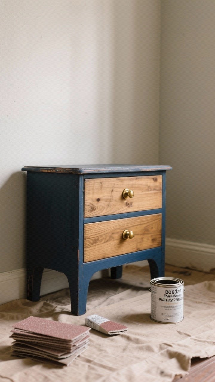 Medium shot: A thrift-flipped nightstand makeover showing a two-tone treatment—body painted deep ink navy with satin-matte sheen, drawer fronts in natural oiled wood with visible grain; updated hardware in brushed brass pulls; staged on a drop cloth with a small stack of 220-grit sandpaper, a can of bonding primer, and a water-based polyurethane can nearby; neutral wall background; right-side three-quarter angle to showcase the contrast and craftsmanship; soft indoor lighting with gentle highlights on brass.