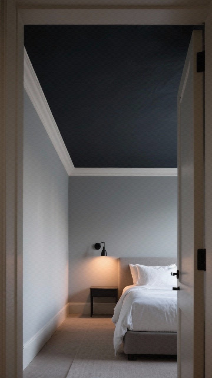 Wide room shot: A bedroom with a dramatic statement ceiling—walls in soft gray, ceiling painted deep charcoal matte for a tonal cocoon effect; the ceiling color extends 3 inches down the walls forming a subtle border that elongates the room; clean-lined bed with white bedding and a slim black sconce; ambient evening light with warm bedside lamp glow enhancing cozy vibes; captured from the doorway at a slight upward angle to emphasize the fifth wall and the color transition.