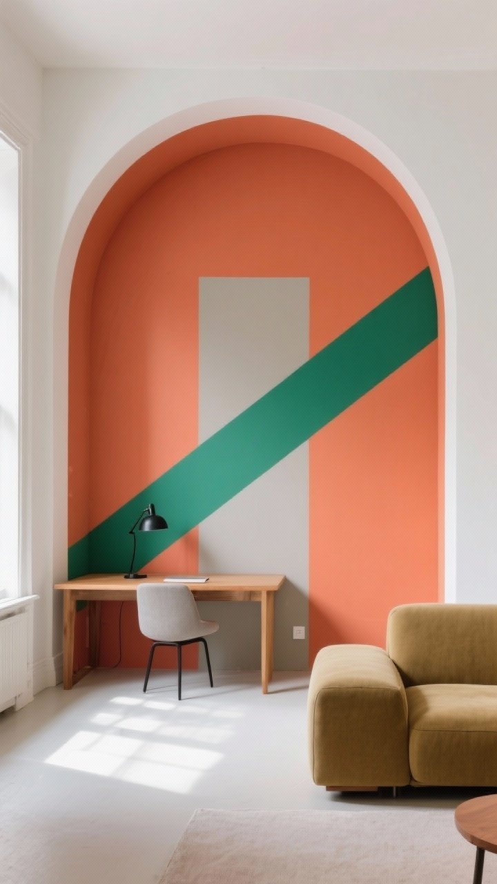 Wide room shot: A modern living room featuring bold color blocking on one feature wall—an oversized arch in terracotta overlapping a chunky greige rectangle, with a diagonal emerald stripe slicing across; razor-sharp tape lines, balanced palette of terracotta + emerald + warm white; a small WFH corner defined within the arch with a simple wood desk and slim black task lamp; natural daylight from the left casting soft shadows, matte paint finish visible; straight-on perspective emphasizing the crisp geometry, no people.