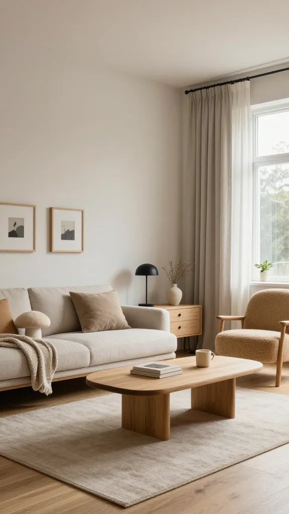 Realistic high-resolution interior photo of a Cozy Home living room styled as “Cloud-Soft Scandinavian Serenity With Warm Woods”: pale misty off-white walls with soft shadows, warm ivory ceiling, pale greige linen curtains filtering diffused daylight, wide-plank light oak floors; centerpiece low-slung light oak coffee table with rounded corners and thin profile on an oat-colored wool rug; plush sand-toned low-profile sofa with rounded arms, mushroom and warm beige textured throw pillows, oat knit throw; minimal light-charcoal framed artwork in tiny doses on walls; slim oak media console with soft-black pulls, a single matte black reading lamp, and a ceramic mushroom-toned vase with dried grasses; curved oak accent chair upholstered in warm beige bouclé; small stack of design books and a matte warm ivory ceramic mug like a latte; subtle soft-black accents in picture frames and lamp stem only; greenery in a simple sand-colored pot; soft natural window light, calm airy ambience, minimalist but inviting styling; color palette: misty off-white, warm ivory, pale greige, sand, oat, mushroom, warm beige with tiny light charcoal/soft black contrast; photo-real, editorial quality, 35mm lens, shallow depth of field, gentle rainy-afternoon mood, Cozy Home prominently conveyed through styling and composition.