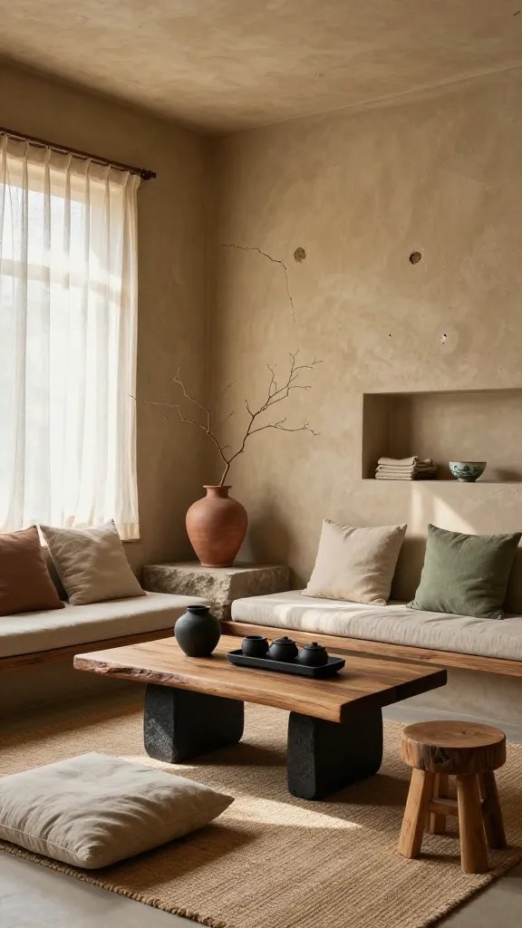 Ultra-realistic photo of a Cozy Home styled as a Japanese Wabi-Sabi retreat: a sunlit living nook with clay-toned plaster walls and warm parchment ceiling, featuring a low raw-wood platform sofa with knotted, natural linen cushions in putty and sage. Centered is a live-edge oak coffee table alongside a monolithic charcoal stone block table, both set on a handwoven jute rug. Accents include matte terracotta vessels, a charcoal ceramic tea set, a linen floor cushion, and a rough-hewn wooden stool. Imperfect textures—wall hairline cracks, wood knots, chipped glaze—are intentionally visible. A branch in a matte earthen vase sits on a stone plinth; a shallow built-in niche holds folded linen and a small kintsugi bowl. Palette: clay, putty, warm parchment, earthy rust, sage, charcoal. Materials: raw wood, stone, linen, terracotta, matte ceramics. Soft morning light filters through gauzy linen curtains, casting gentle shadows; no visible tech, minimal decor, grounded and calm. 50mm lens, natural light, high dynamic range, tactile detail, tranquil atmosphere emphasizing Cozy Home serenity.