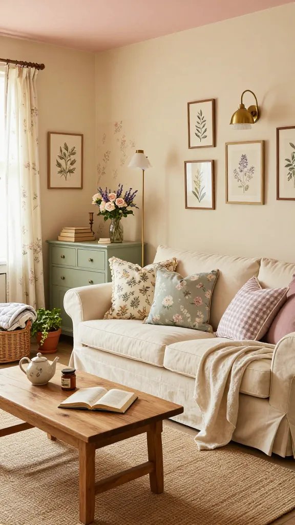 Realistic high-resolution photo of a Cozy Home living room styled as a soft cottagecore haven: warm cream walls with buttery vanilla undertones, pale blush ceiling glow from late afternoon light, slipcovered English roll-arm sofa in cream with layered pastel floral and gingham pillows (dusty blue, sage green, lavender, muted rose), lightweight linen throw draped casually. A painted vintage sideboard in sage green with brushed brass knobs anchors one wall, topped with stacked worn books, a small vase of garden roses and lavender, and an antique bronze candlestick. Floral-patterned sheer curtains filter light over a braided jute rug and a low, timeworn pine coffee table holding a ceramic teapot, jam jar, and open novel. Botanical prints in thin antique bronze frames hang in a gentle gallery arrangement; a cottagecore floral wallpaper panel peeks behind the sideboard. Woven baskets with folded quilts, a terracotta pot with trailing ivy, and a brushed brass floor lamp with pleated shade add warmth. Soft, natural color grading, shallow depth of field, visible textures (linen, wood grain, brushed metal), no people, inviting composition that clearly conveys “Cozy Home” ambience.