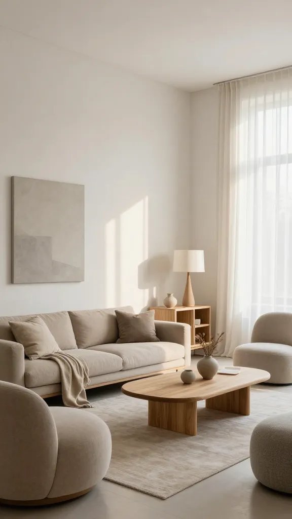 High-resolution, natural-light interior photograph titled “Calm Living” showcasing a Soft Nordic Sanctuary: a serene living room at sunrise with cloud-white walls (subtly warm, not gallery white), a low-profile deep-seat sofa in warm oat performance linen, and two rounded accent chairs in mushroom beige and greige upholstery. Blond oak elements throughout: a slim, low blond-oak coffee table with soft, rounded edges; a blond-oak slatted media console; and a minimal open shelving unit. Soft stone-gray notes via a textured wool rug and smooth ceramic vessels. Tactile layers include nubby linen throw pillows, a cashmere throw draped over the sofa arm, and a boucle ottoman. Large, sheer off-white drapery filters morning light across matte plaster walls with a whisper of warmth. Minimalist wall art in soft stone-gray and oat tones, a simple blond-oak floor lamp with linen shade, and a small vase of dried meadow stems on the coffee table. Clean lines, rounded silhouettes, and generous negative space to convey airy simplicity and cozy tactility—calm of minimalism without sterility. No clutter, no bold colors. Photorealistic, 35mm lens, soft dynamic range, editorial interior styling, ultra-detailed textures.