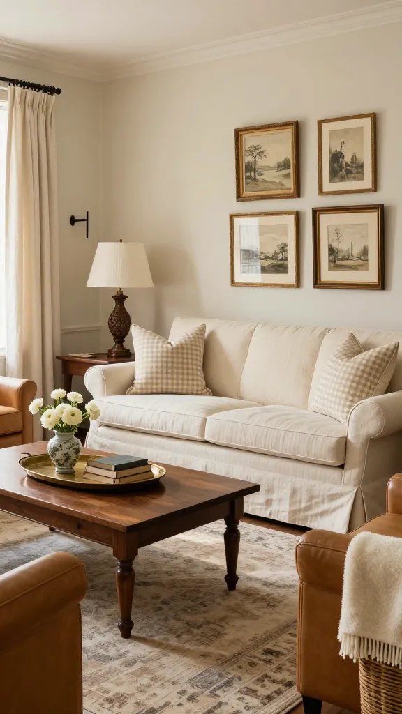 A realistic, high-resolution interior photo of Neutral Living: a new-traditional cozy living room with buttermilk-painted walls and warm ivory trim, featuring a skirted English roll-arm sofa in cream performance linen, paired with two camel leather club chairs. Subtle pattern play includes cream-and-buttermilk gingham/check throw pillows and a softly striped linen lumbar. A hand-knotted rug in faded neutrals (taupe, oatmeal, warm gray) adds patina under a dark-stained, rectangular wood coffee table with turned legs. Styling includes a curated mix of collected classics: a patinated brass tray with vintage books and a small chinoiserie vase of white ranunculus on the coffee table, framed antique landscape art in gilt frames arranged asymmetrically above the sofa, and a carved wood pedestal side table with a pleated cream lampshade. Add linen pinch-pleat curtains in warm ivory, a slim black metal picture light, and a woven rush basket with a cream cashmere throw. Soft morning light, natural shadows, and a restrained color palette of cream, buttermilk, camel, and dark wood tones. The composition should feel timeless, inviting, and lived-in, with texture-forward details and impeccable styling that communicates Neutral Living as the central theme.
