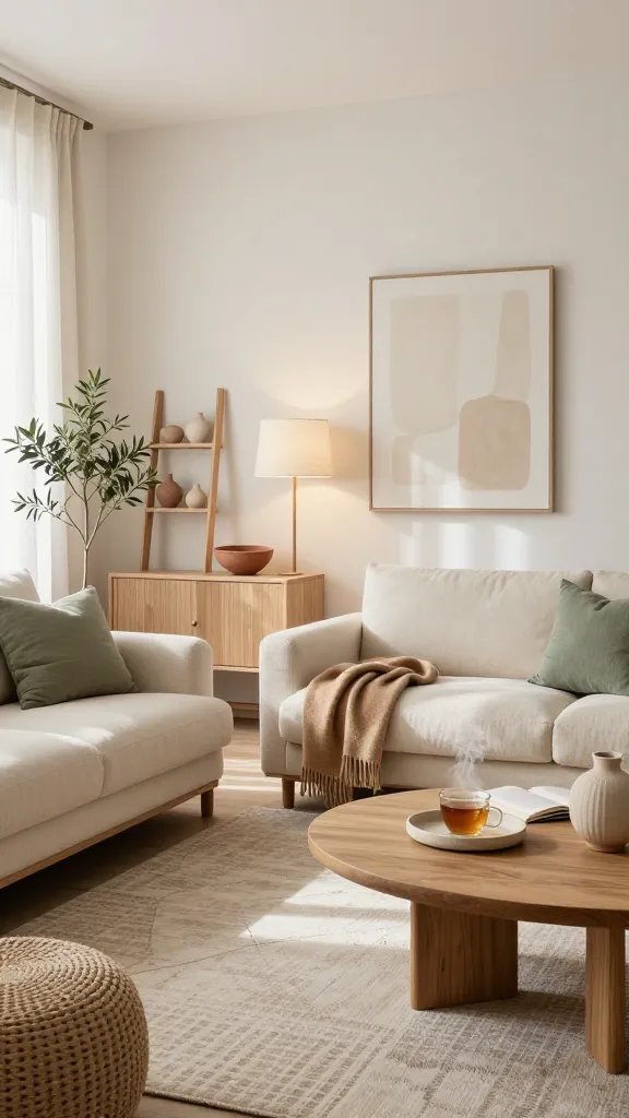 Realistic interior photo of Cozy Living in a sun-washed Scandinavian living room: soft morning light flooding chalky white walls with a hint of cream, airy and grounded mood. A low-profile warm-ivory boucle sofa with rounded arms faces a round solid oak coffee table; beneath, an oversized wool rug in light oatmeal with a subtle micro-check pattern. Oak and ash woods in light finishes throughout: a slender ash media console with fluted doors, a pale oak ladder shelf with curated clay and camel ceramics, and a slim oak floor lamp with a linen drum shade casting gentle, warm light. Accents of clay, camel, and sage: a camel cashmere throw casually draped over the sofa, sage linen pillows, a clay-toned ceramic bowl and terracotta planter with a restrained olive tree. Sheer off-white linen curtains diffuse sunlight across limewash-like textured walls. Minimalist art: one large, soft-edged abstract in cream and sand above the sofa. Natural textures layered: braided jute pouf, ribbed ceramic vase, matte stone tray with a steaming herbal tea, open book on the table to emphasize Cozy Living. Clean lines, no clutter, tactile warmth, soft shadows, high-resolution, editorial magazine style, 35mm lens, true-to-life color, balanced composition, inviting curl-up-with-a-book vibe.