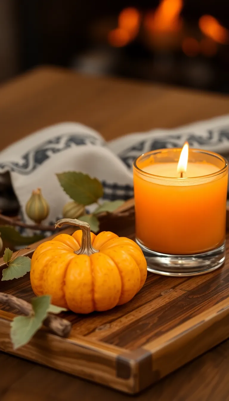 Amber candle glowing on a wooden tray beside a small pumpkin