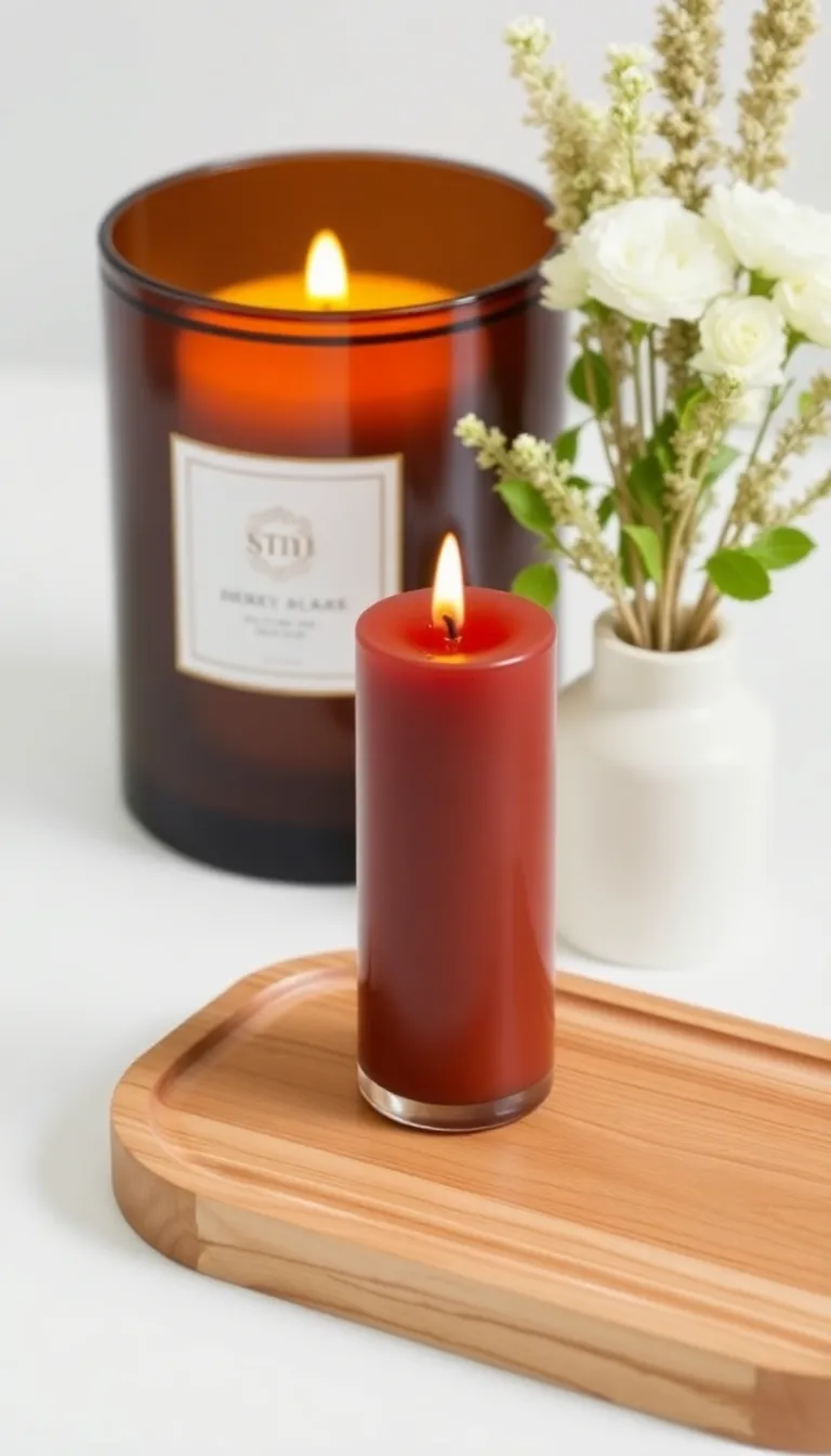 Amber pillar candle glowing on a wooden tray