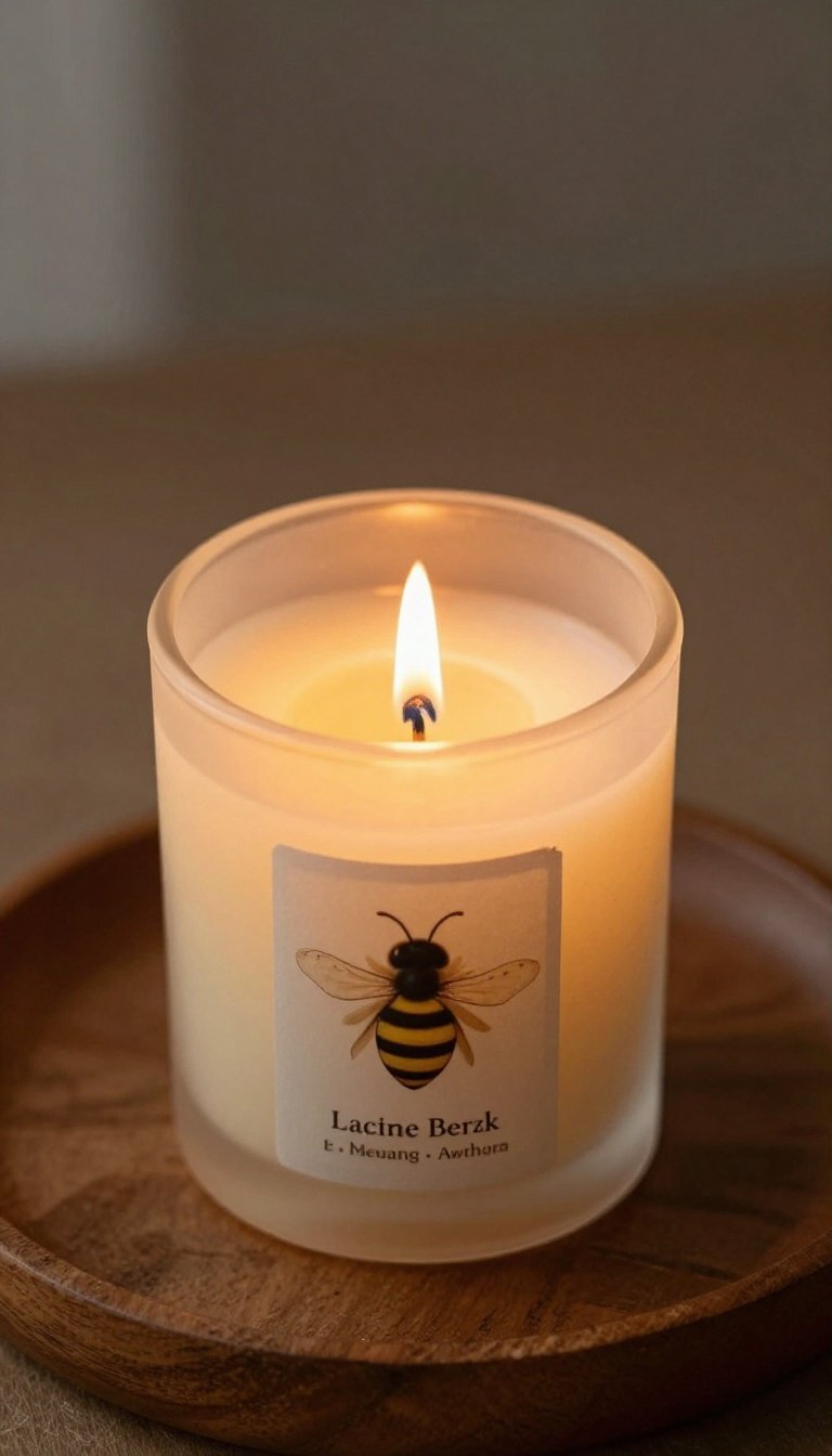 Closeup of a lit beeswax candle sitting on a wooden tray