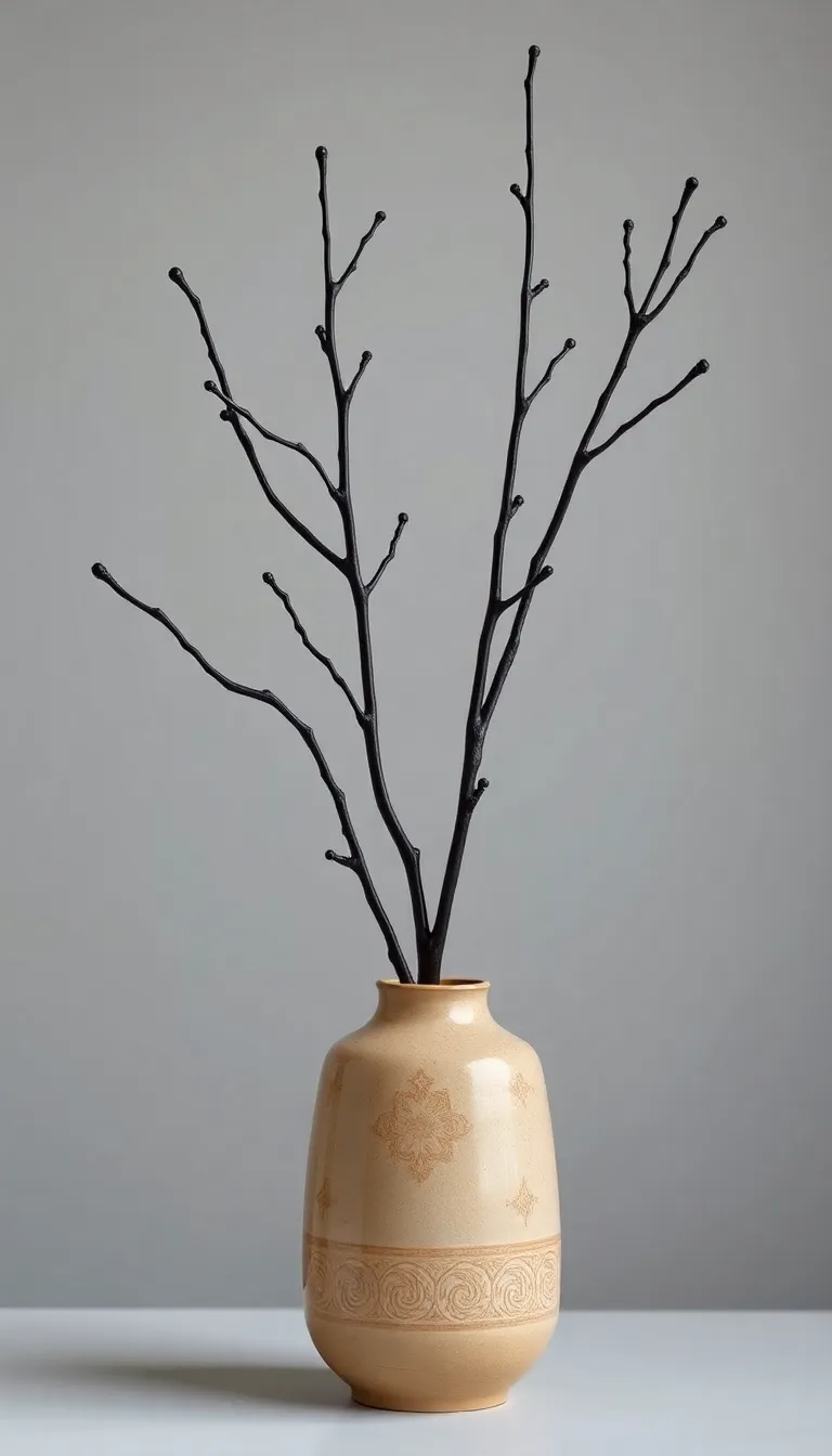Black branches arranged in a ceramic vase as a centerpiece