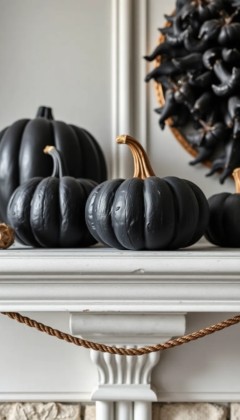 Matte black pumpkins stacked on a styled mantel