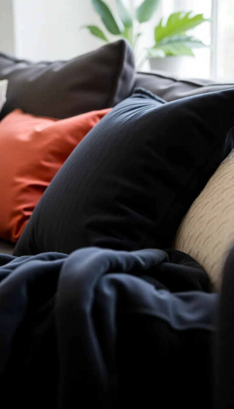 Black velvet throw pillow styled on a couch