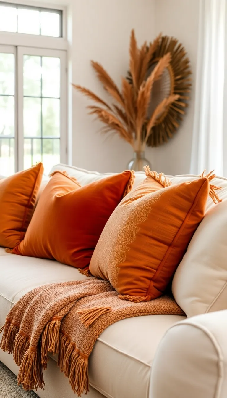Caramel and rust throw pillows layered on a cream sofa