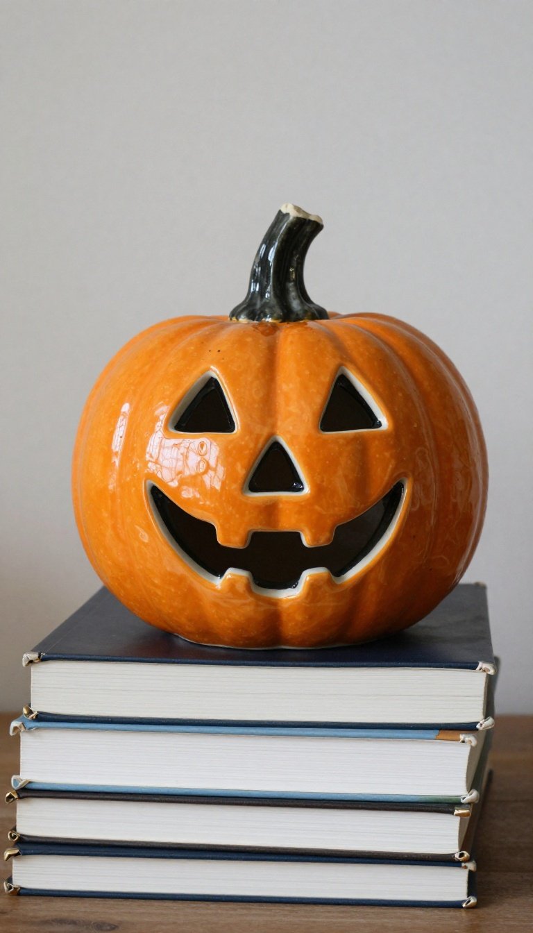 Closeup of a small ceramic pumpkin decoration styled on a bookshelf