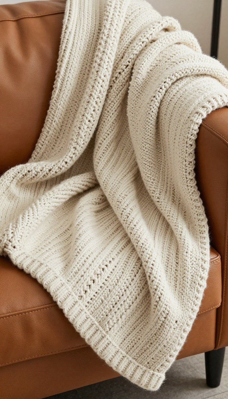 Chunky knit throw blanket draped over a leather sofa for fall coziness