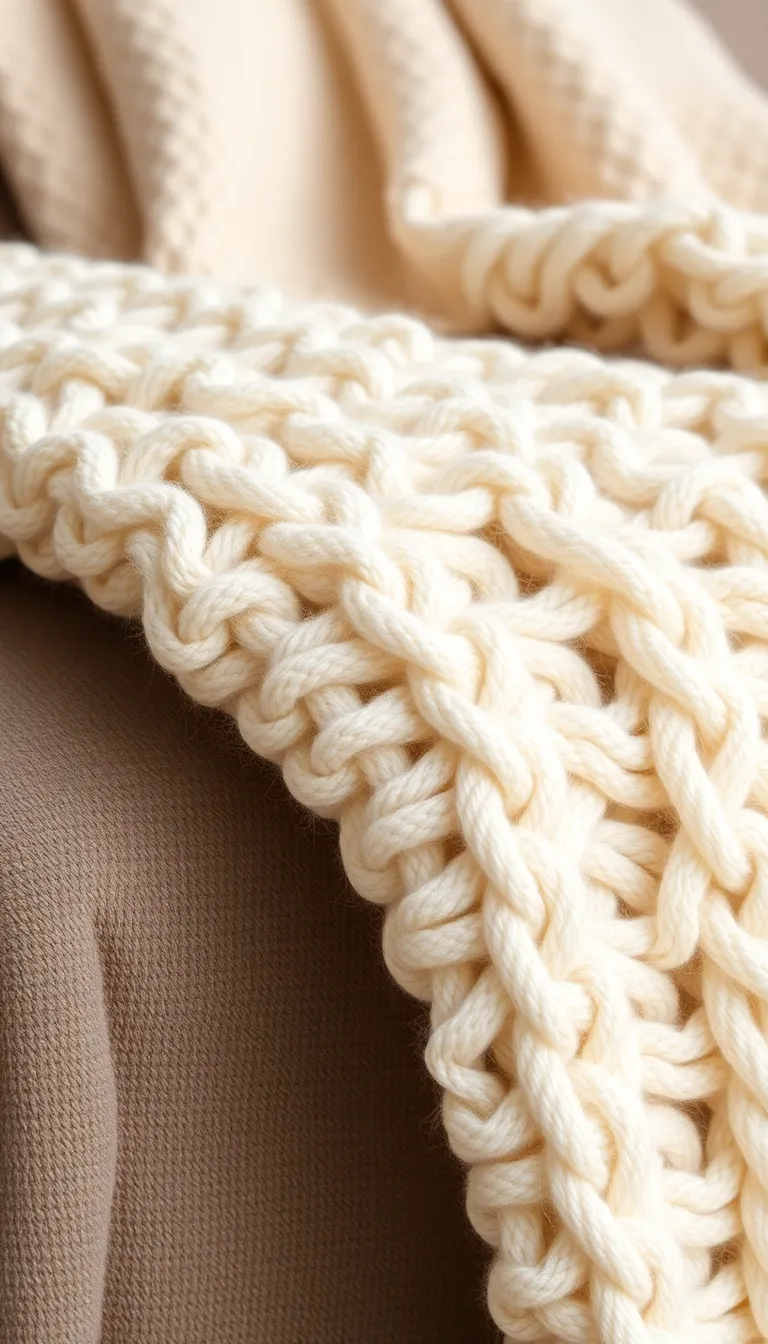 Chunky cream knit throw blanket folded over a sofa arm