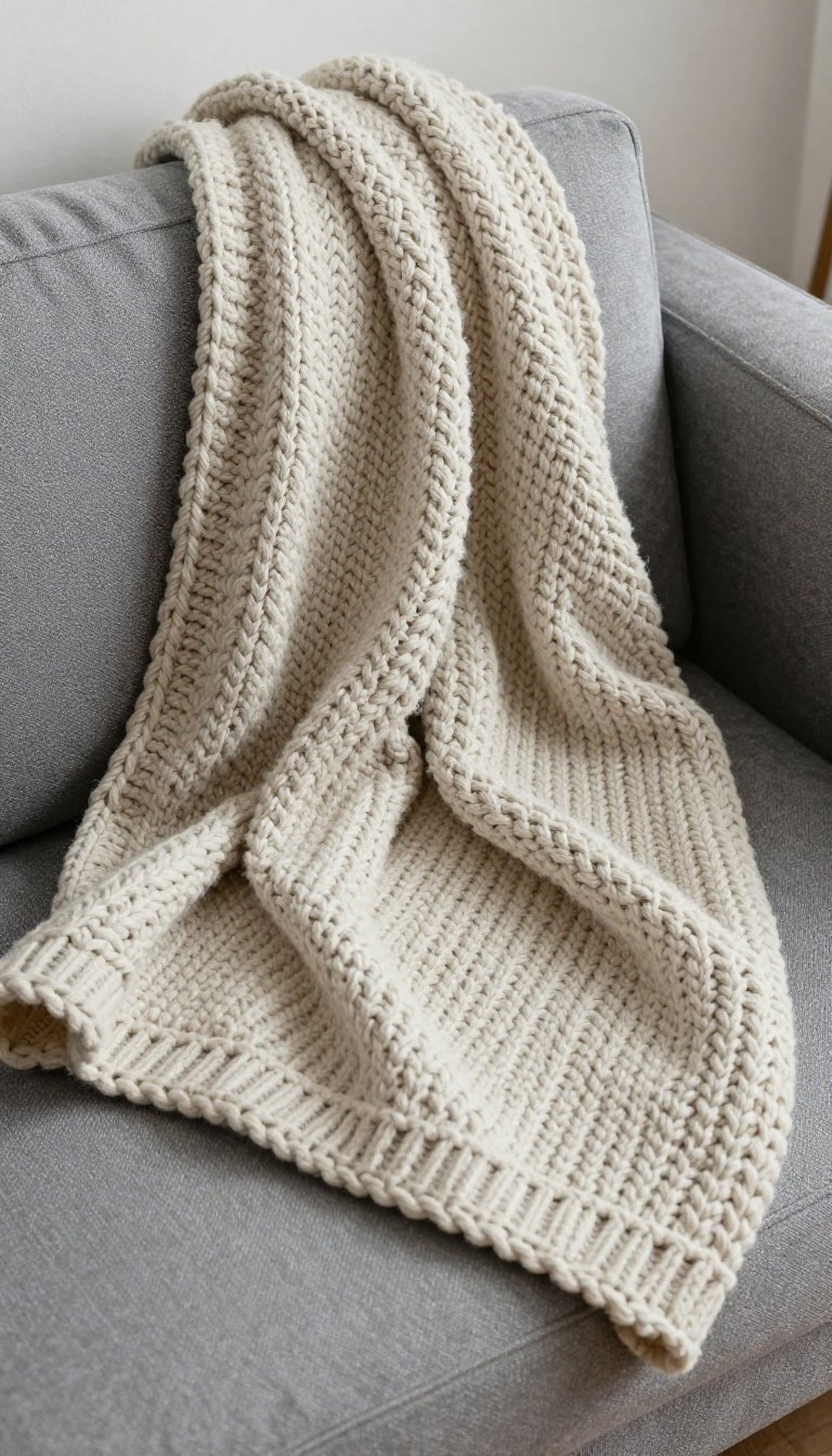 Chunky knit throw blanket layered on a sofa for cozy fall apartment decor