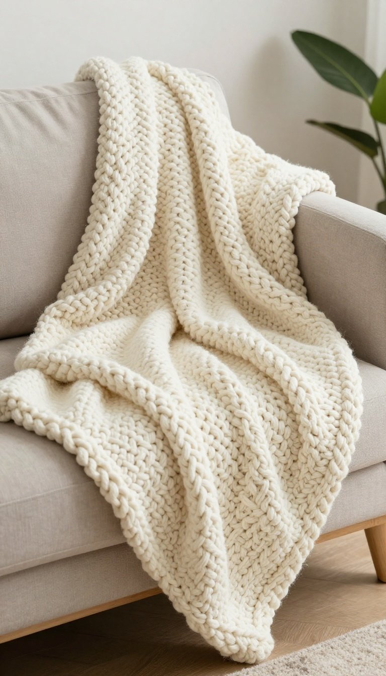 Chunky cream knit throw blanket draped over a living room sofa
