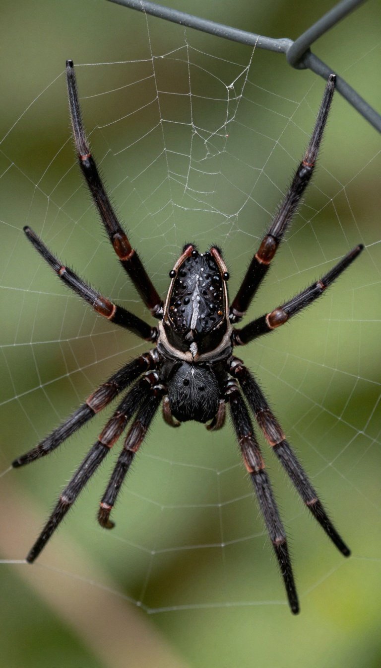 Close-up of a fake black spider sitting on a stretched cobweb over a garden fence