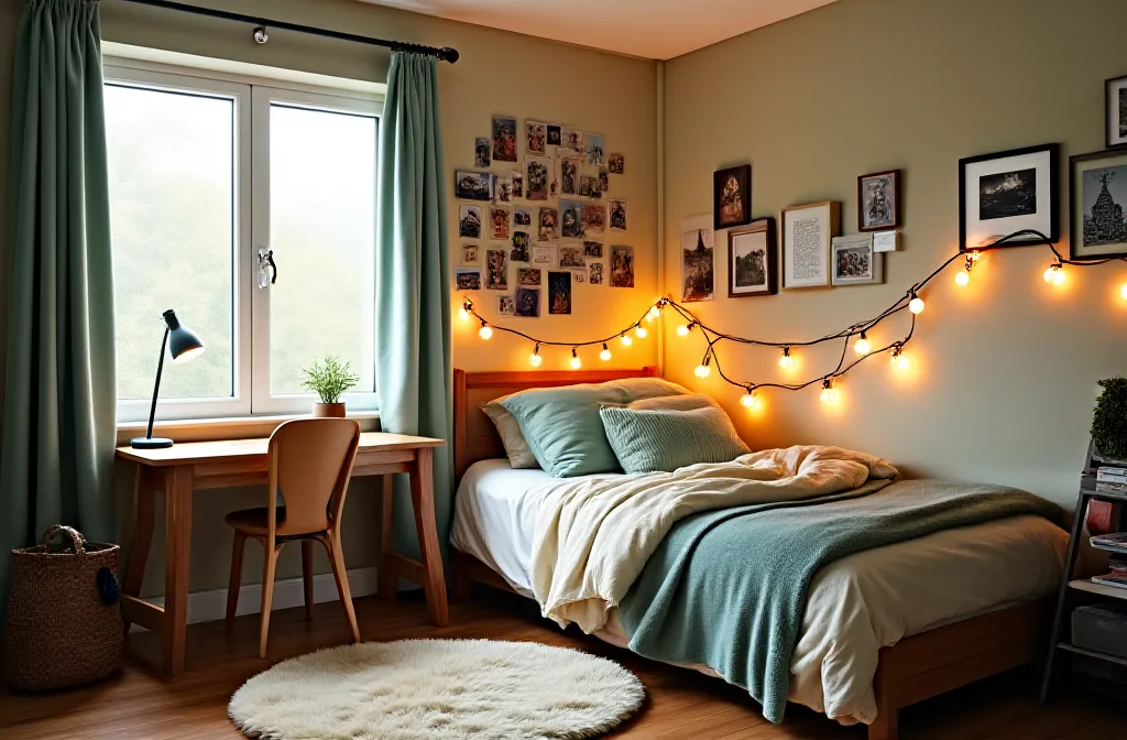 Cozy dorm room with fairy lights, layered bedding and a photo collage wall