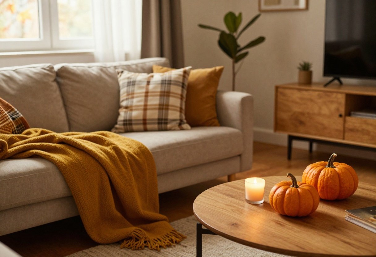 Cozy rental living room styled with warm throw blankets, pillows, and autumn accents
