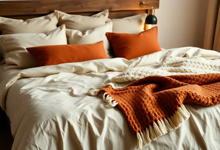 Cozy fall bedding combo with oatmeal linen and terracotta quilt