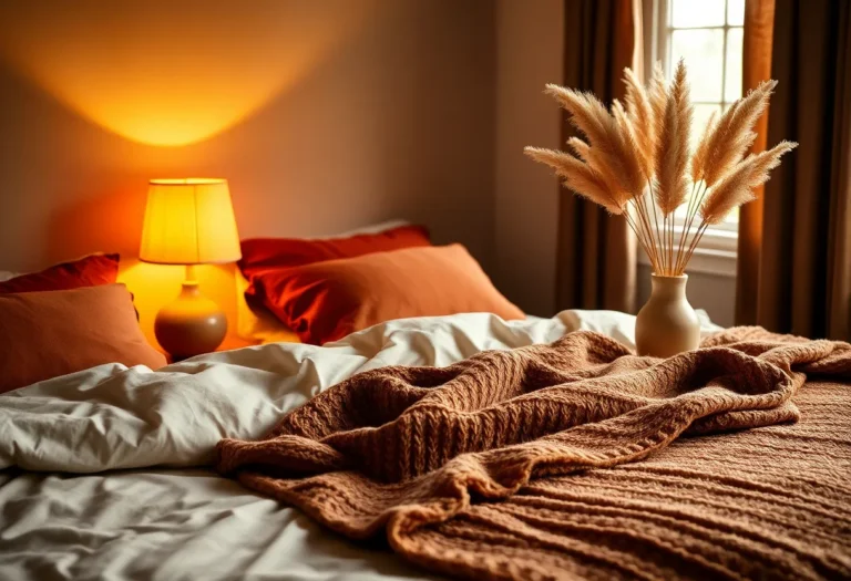 Cozy fall bedroom with rust flannel bedding, a knit throw, and warm golden afternoon light