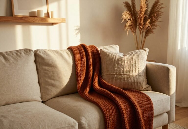 Sunlit living room decorated with warm fall textiles and autumn accents