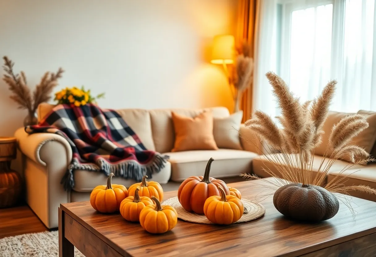 Cozy fall living room with warm lighting, a plaid throw, and pumpkins on the coffee table