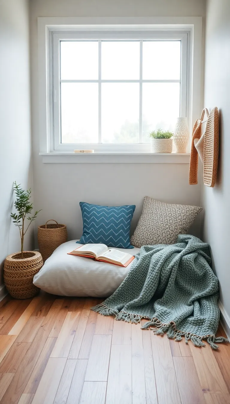 Cozy bedroom reading nook corner with a floor cushion and folded blanket