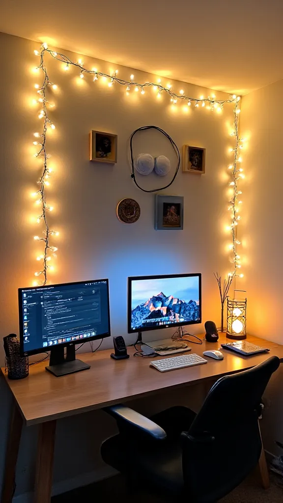 DIY photo wall with fairy lights above a dorm desk