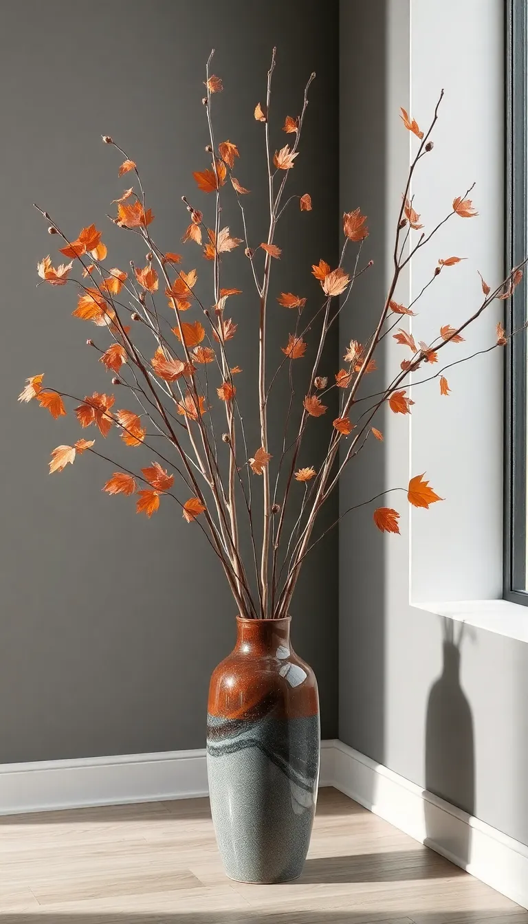Dried autumn branches in a tall ceramic floor vase