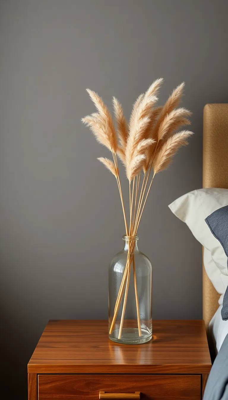 Dried pampas grass arrangement in a ceramic vase on a bedroom nightstand