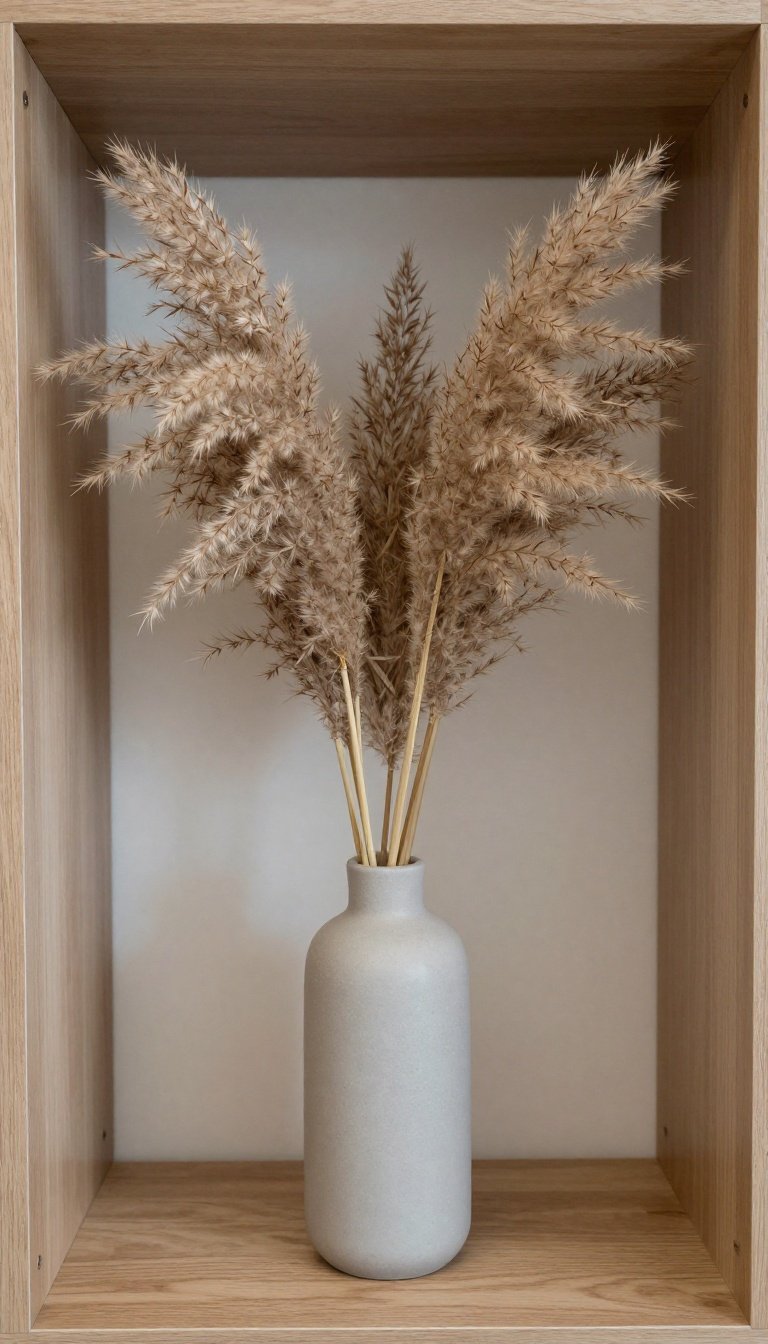 Single ceramic vase with dried pampas grass on an apartment shelf