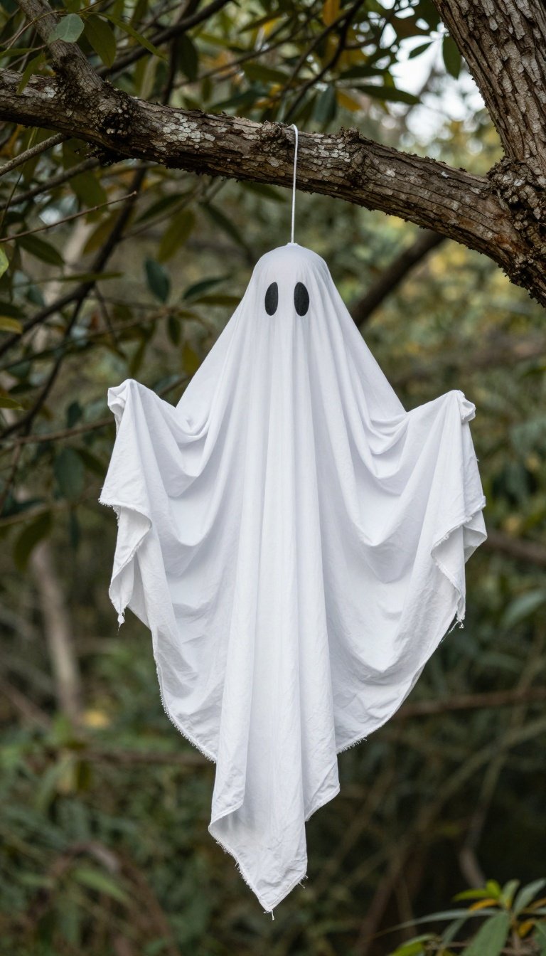 White fabric ghost decoration hanging from a bare tree branch at dusk
