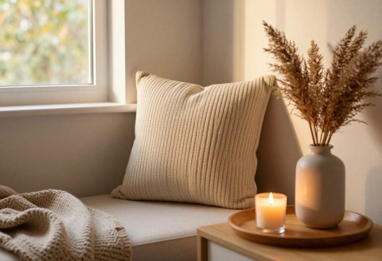 Cozy apartment corner styled with warm fall decor swaps like knit pillows and dried florals