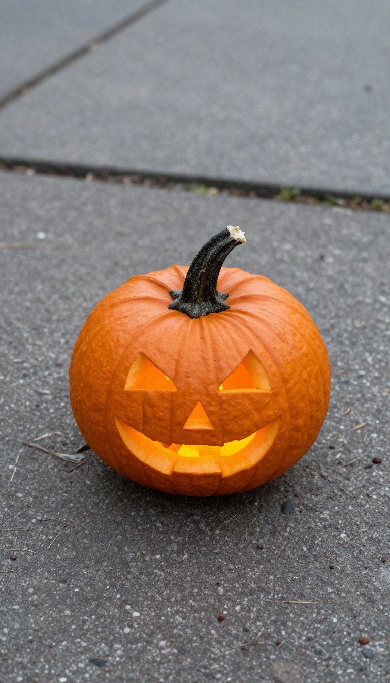 Close-up of a single glowing carved pumpkin sitting on a stone garden path