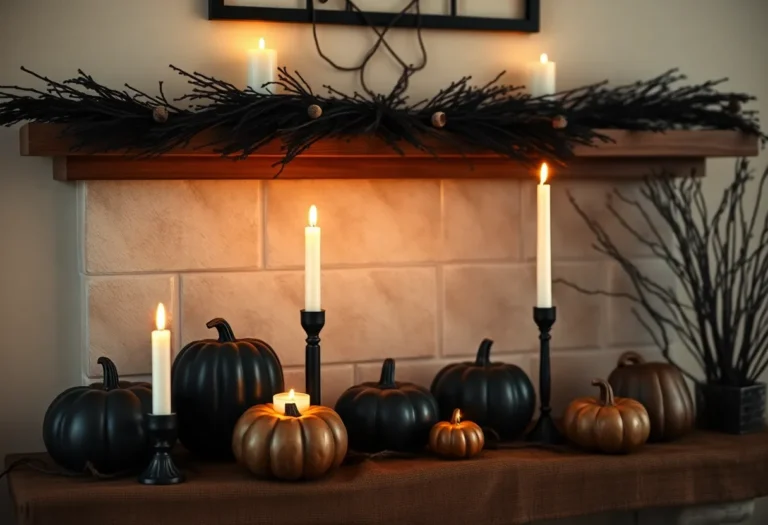 Styled Halloween mantel with black pumpkins, candles, and a branch garland