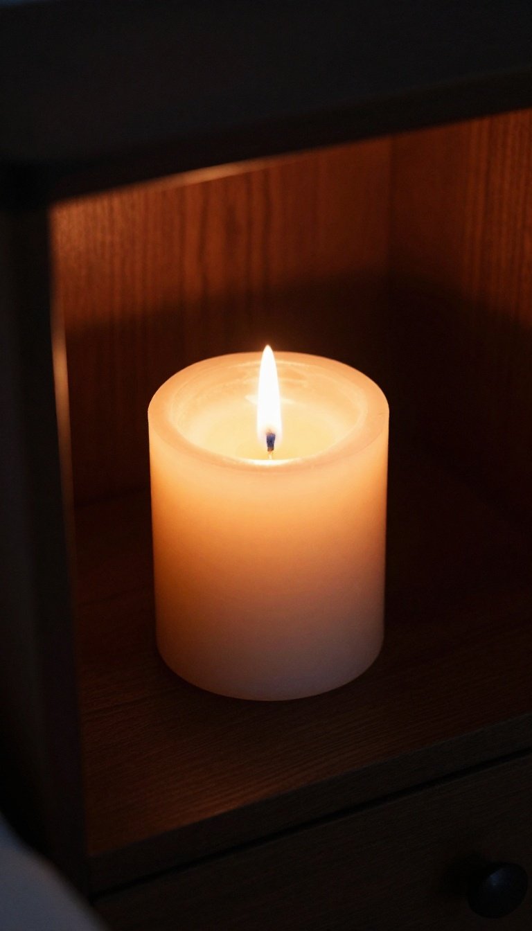 Warm candle glowing on a dark wood nightstand for moody autumn ambiance