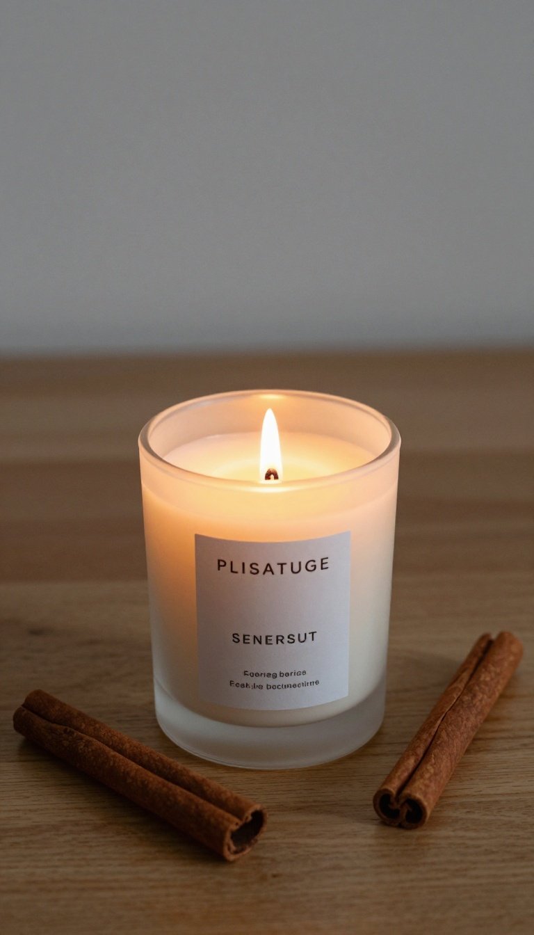 Single lit cinnamon-scented candle sitting on a wooden side table