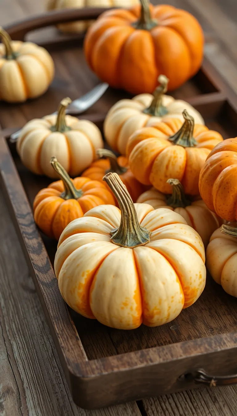 Small pumpkins arranged on a rustic wooden tray