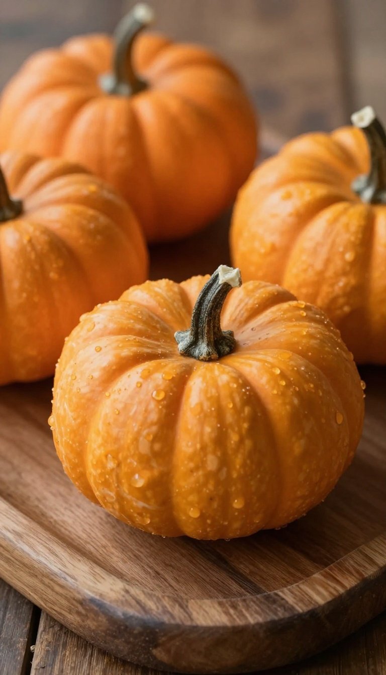 Mini muted-tone pumpkins arranged on a rustic wood tray