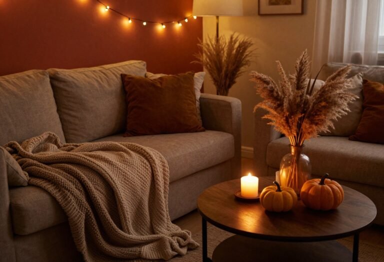 Small apartment living room styled with moody fall decor, layered throws, and warm candlelight
