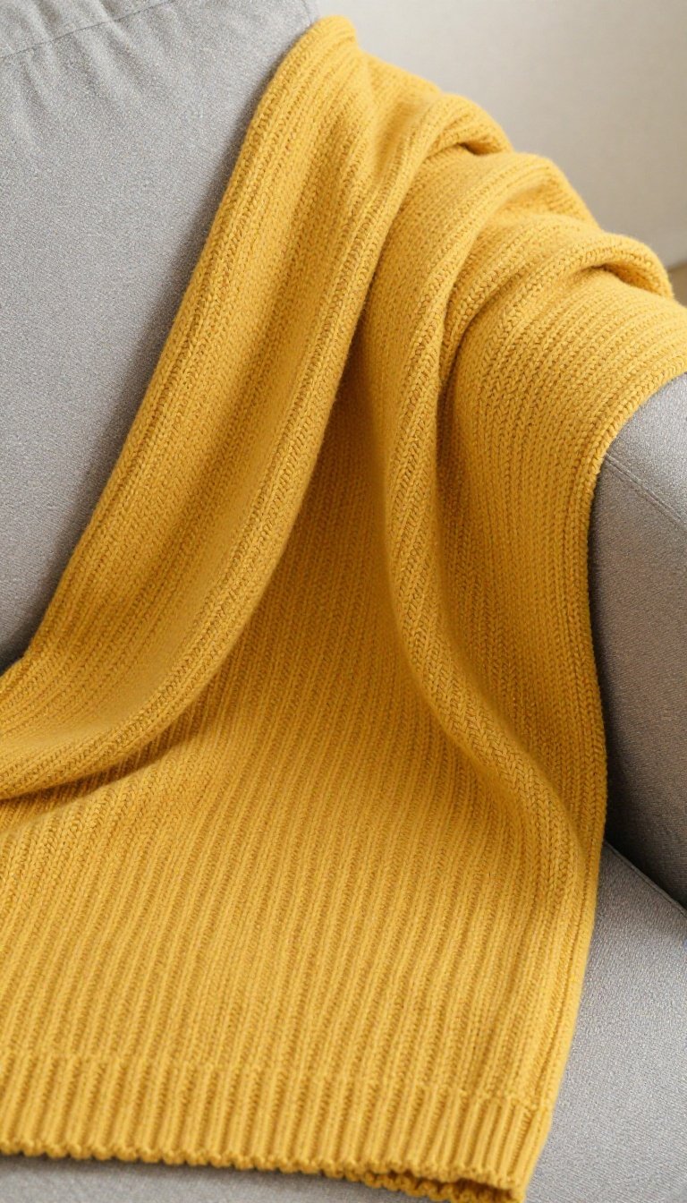 Closeup of a chunky mustard-colored knit throw blanket draped on a couch