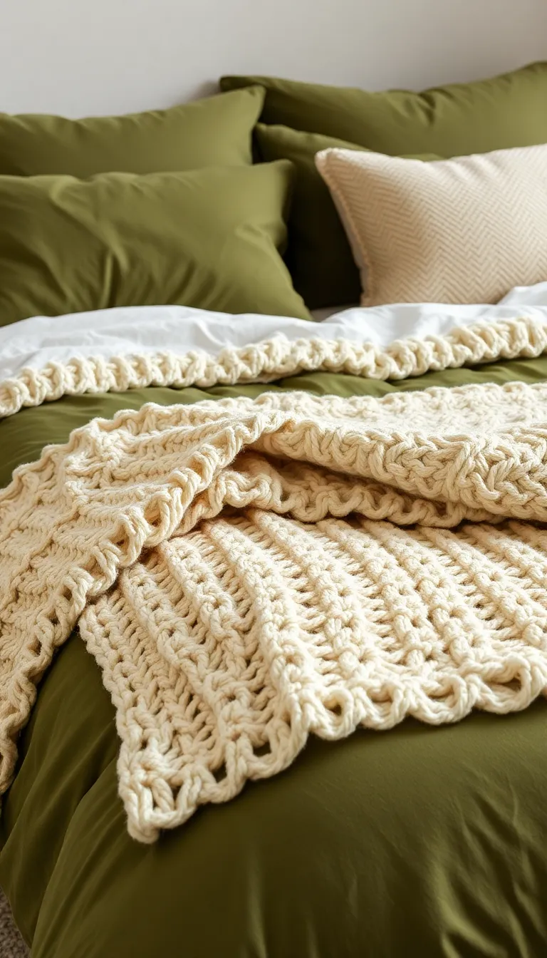 Olive green bedding layered with a cream chunky knit throw