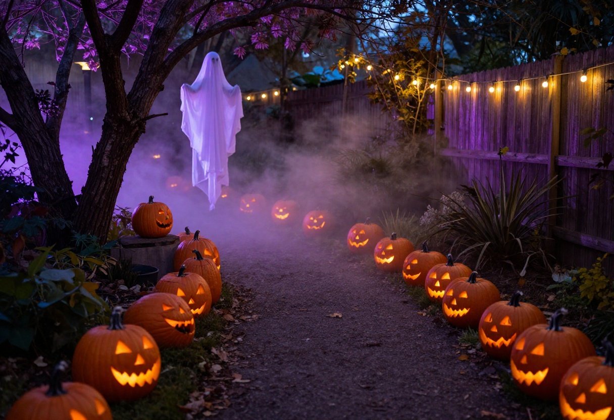 Garden path lined with glowing jack-o'-lanterns and fog under a twilight Halloween sky