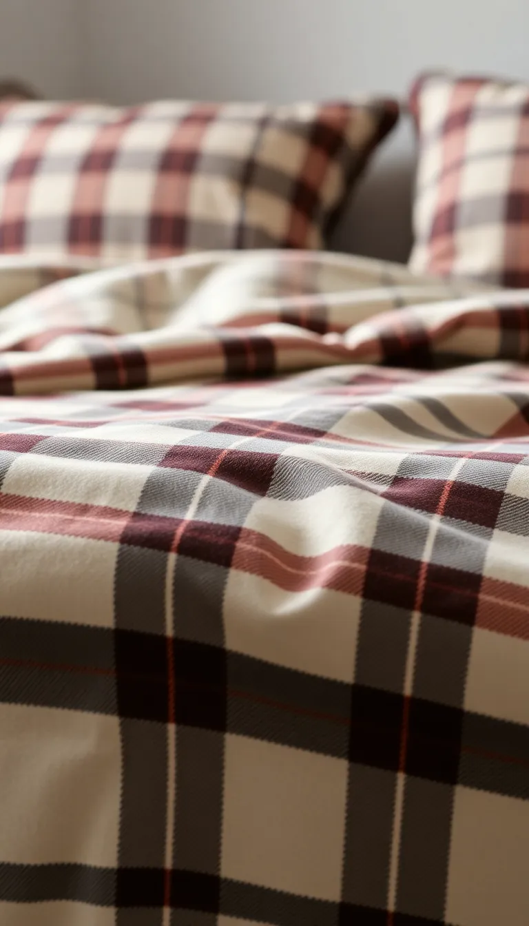 Warm neutral plaid flannel bedding with soft texture
