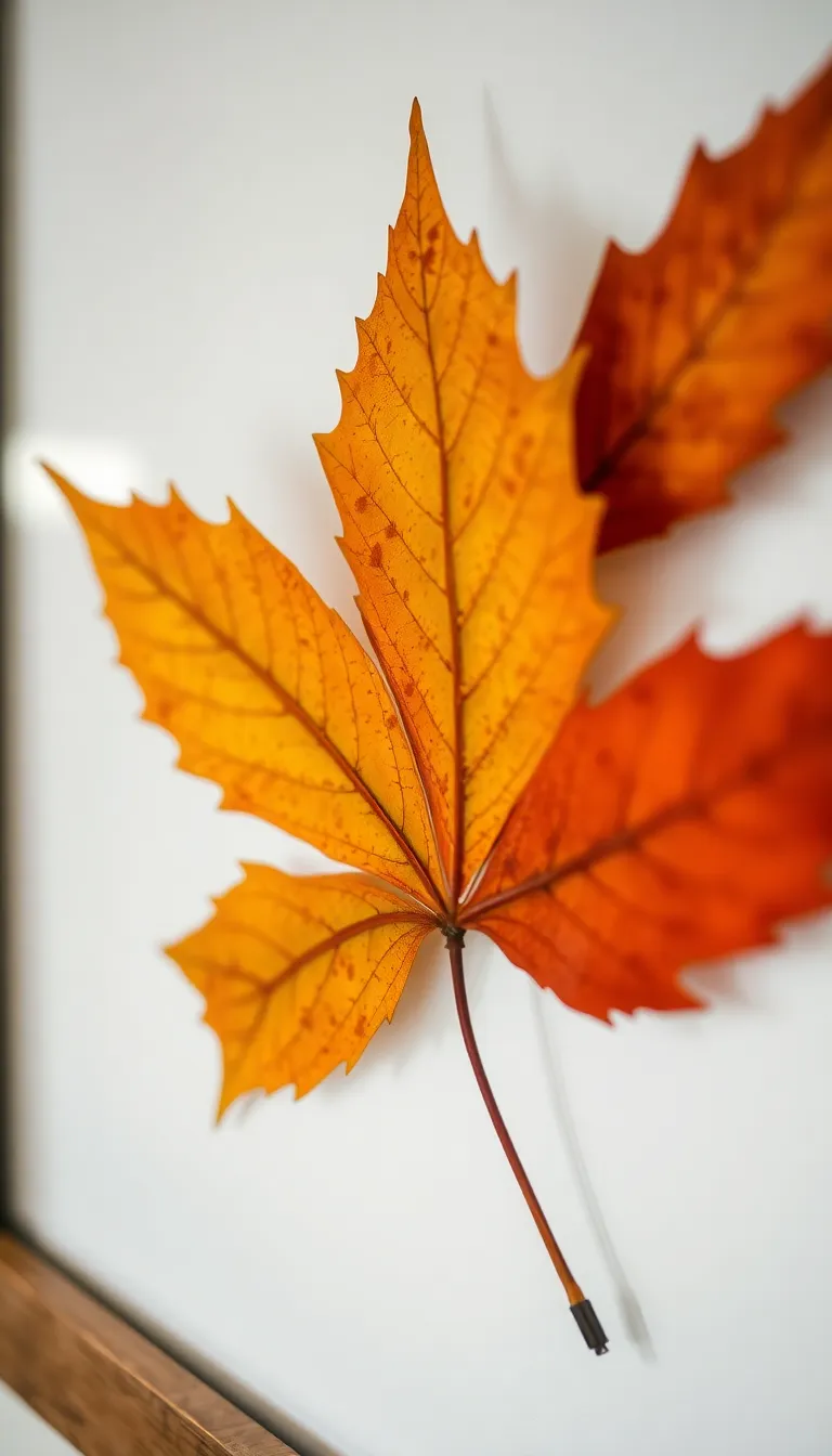 Framed pressed autumn leaves displayed as simple bedroom wall art