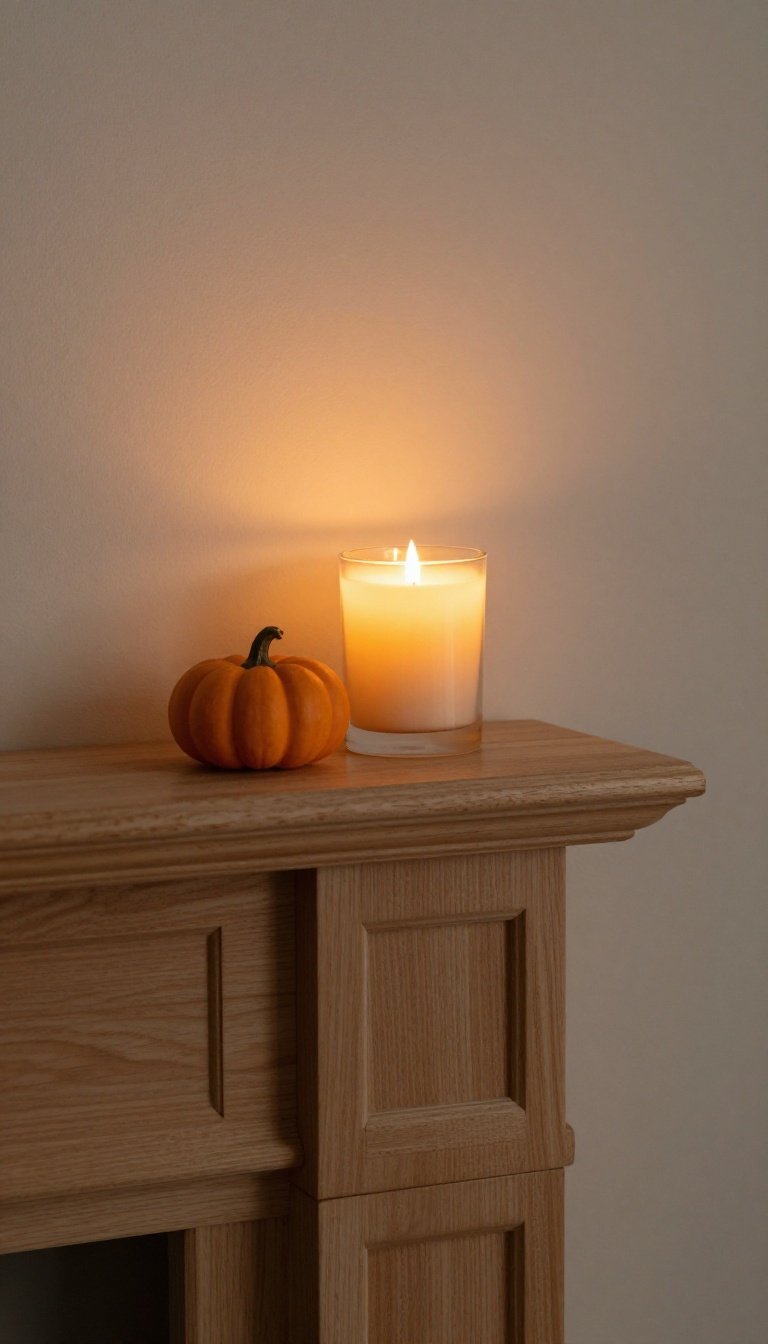 Pumpkin-shaped candle glowing on a wooden fall mantel